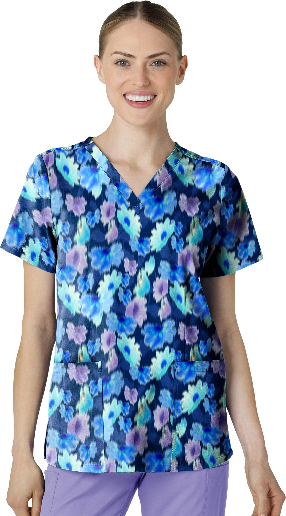 Women's Wonderwink Flower Meadow V Neck shown in Navy/Blue (Prints)