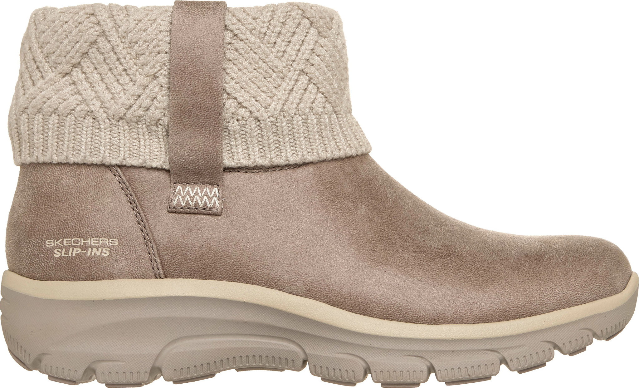 Women's Skechers Slip-Ins Easy Going Cozy Weather Scotchgard Boot shown in Taupe (Tan)