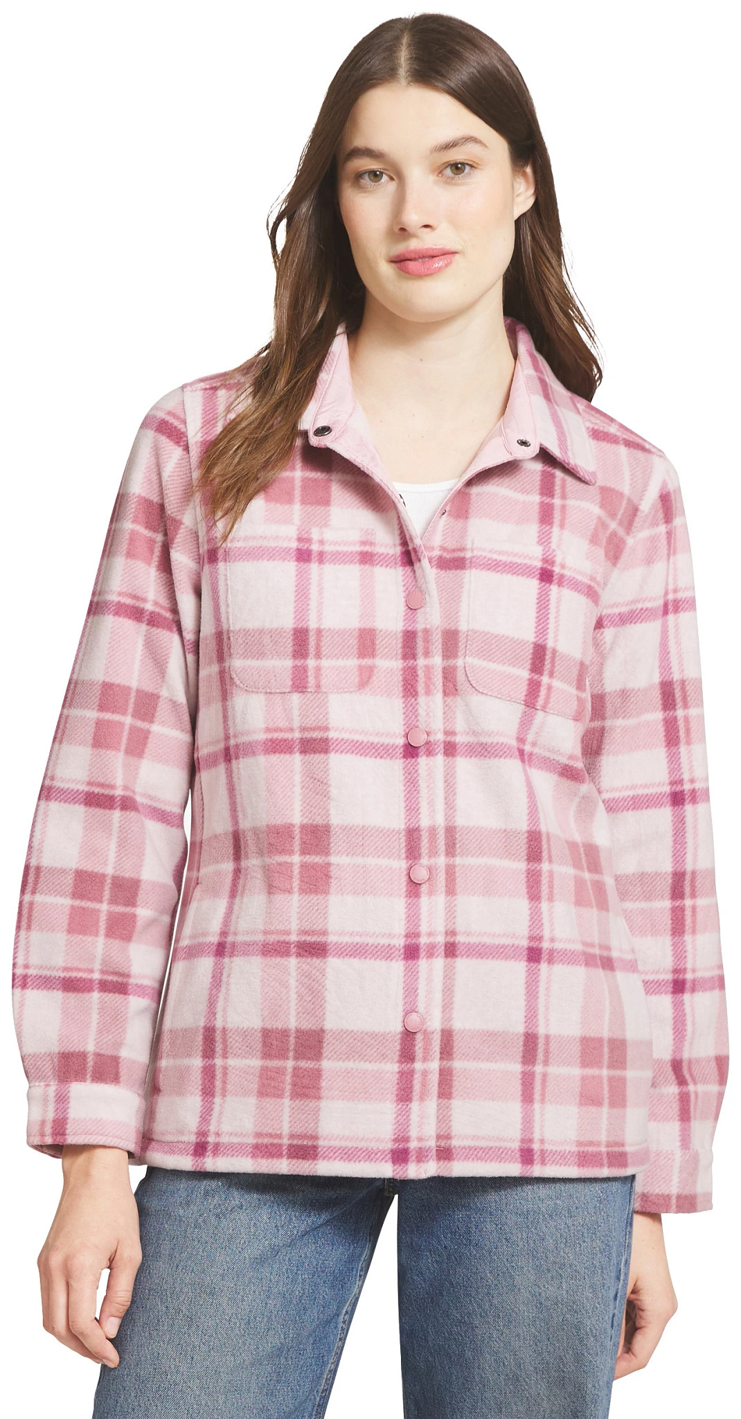 Women's Lands' End Polar Fleece Shirt Jacket shown in Pink Plaid (Pink)