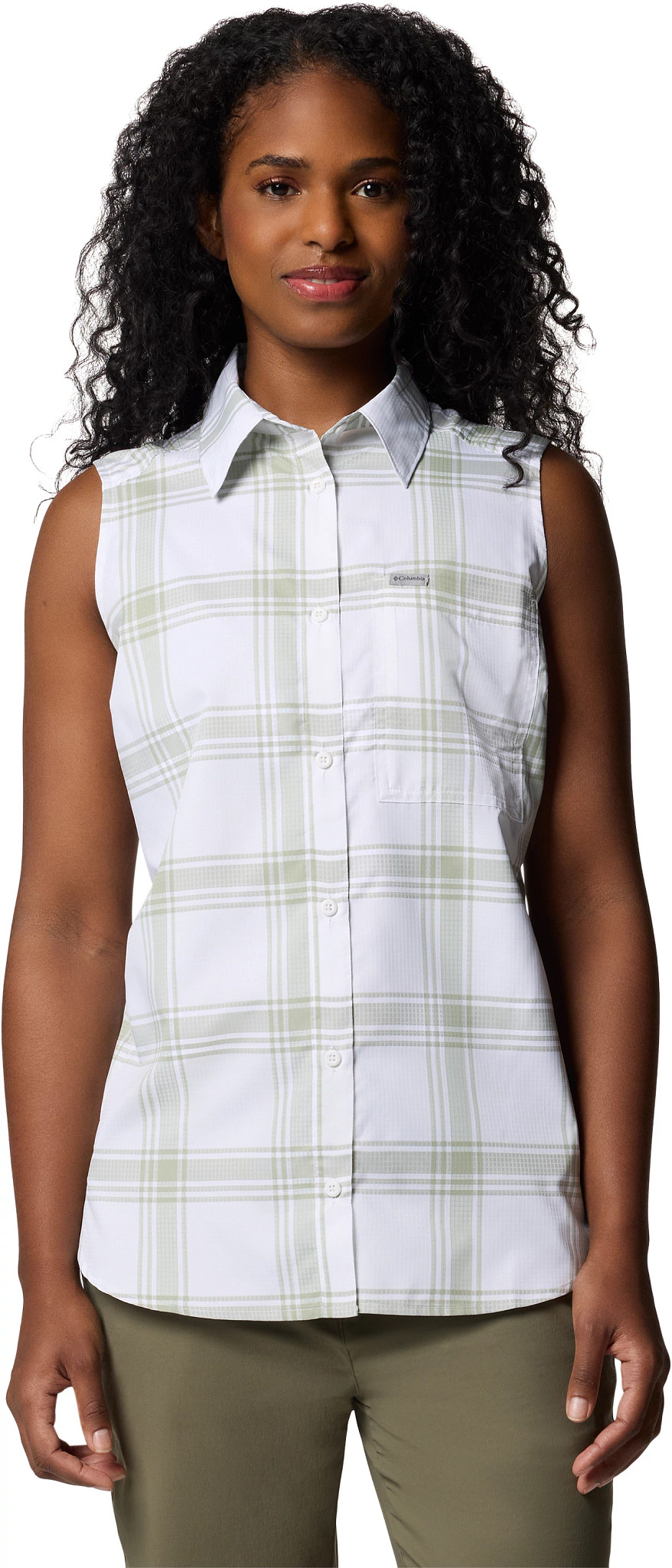 Women's Columbia Anytime Lite Sleeveless Shirt shown in Safari Picnic Plaid (Multicolor)