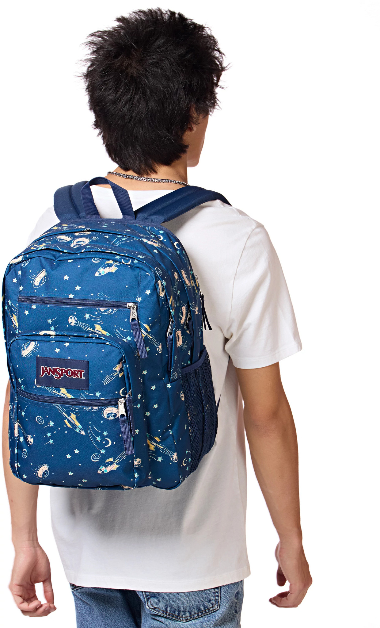 Unisex Jansport Big Student 2100ci Backpack shown on model 