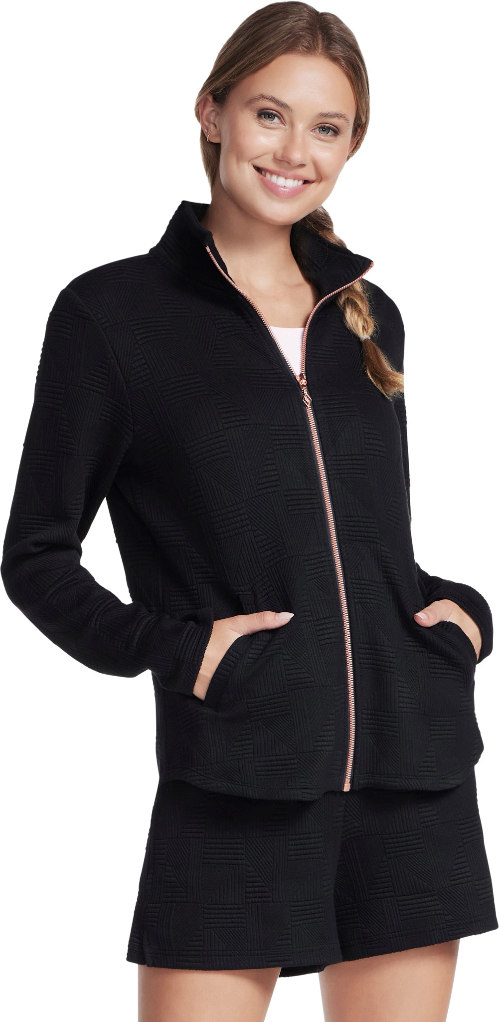 Women's Skechers Diamond Ottoman Full Zip Jacket shown in Black/Rose Gold (Black)