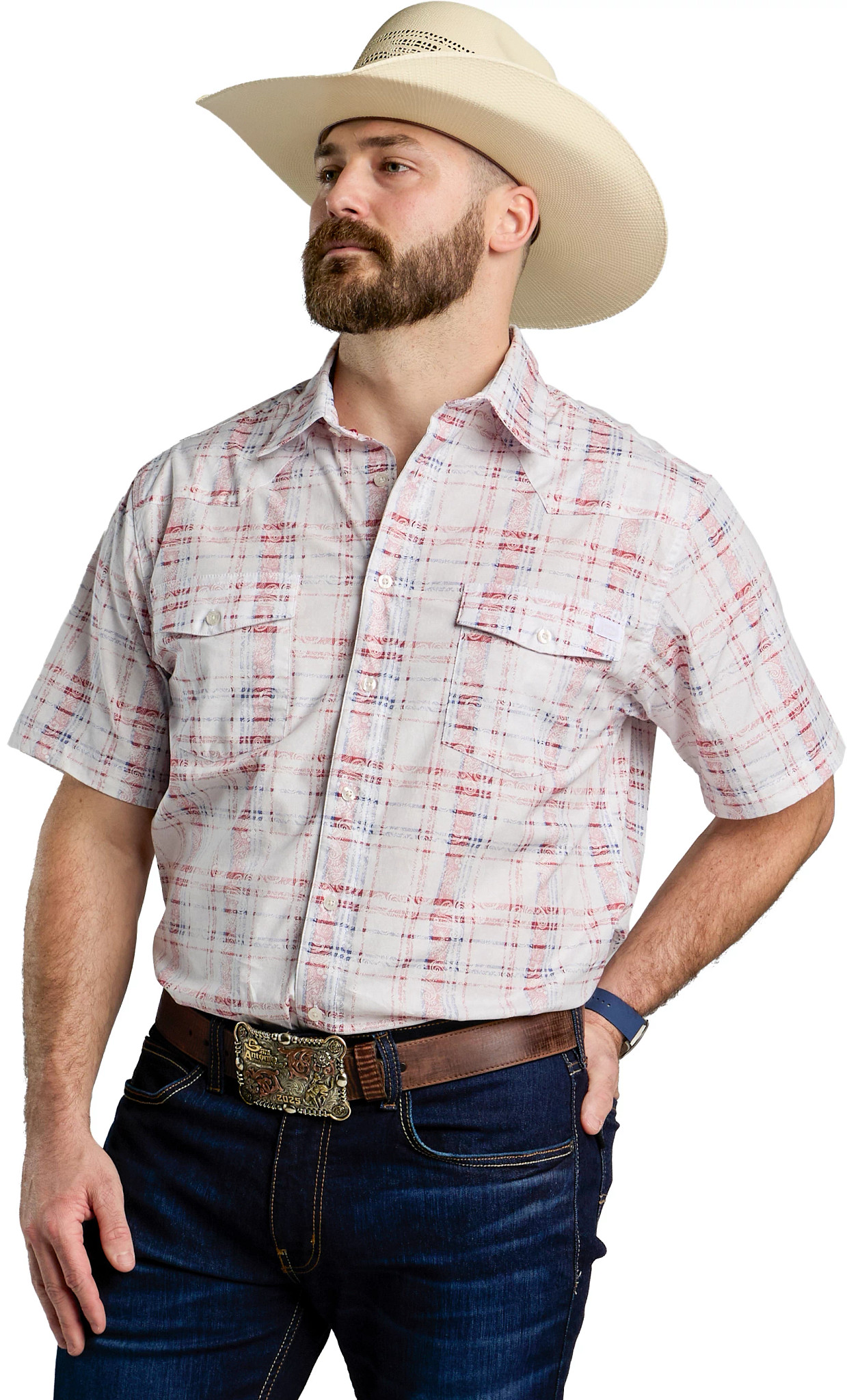 Short Sleeve Button Up Shirt shown in Paisley Plaid (Multicolor)