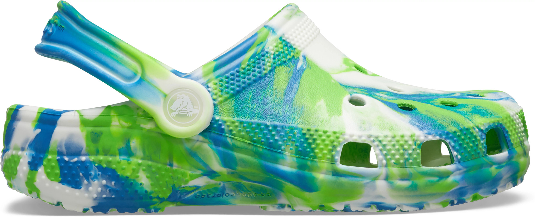Boy's Crocs Classic Glow-In-The-Dark Marbled Clog shown in Blue/Multi (Blue)