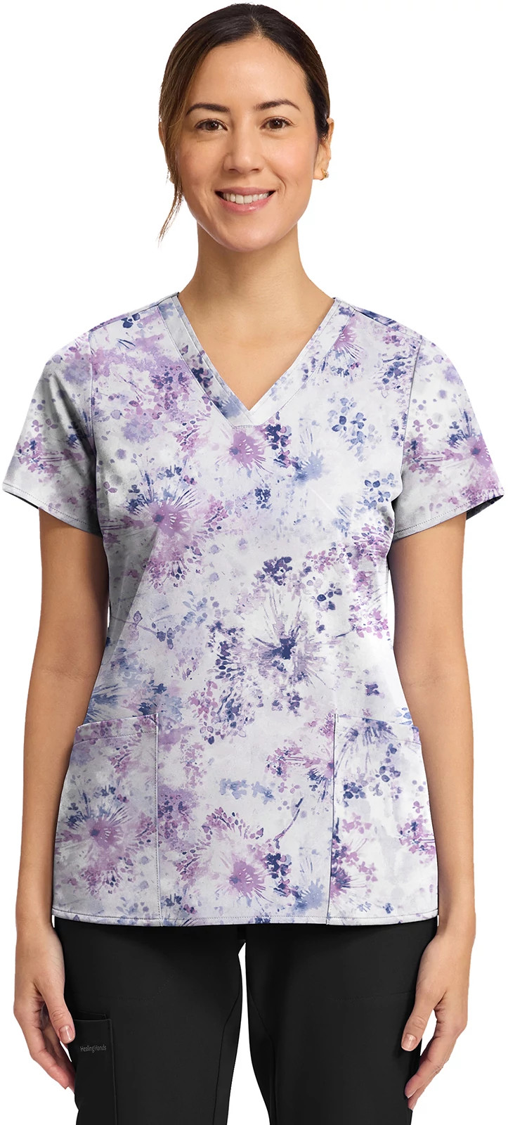 Women's Healing Hands Dandelion Burst V Neck shown in Purple/Multi (Prints)