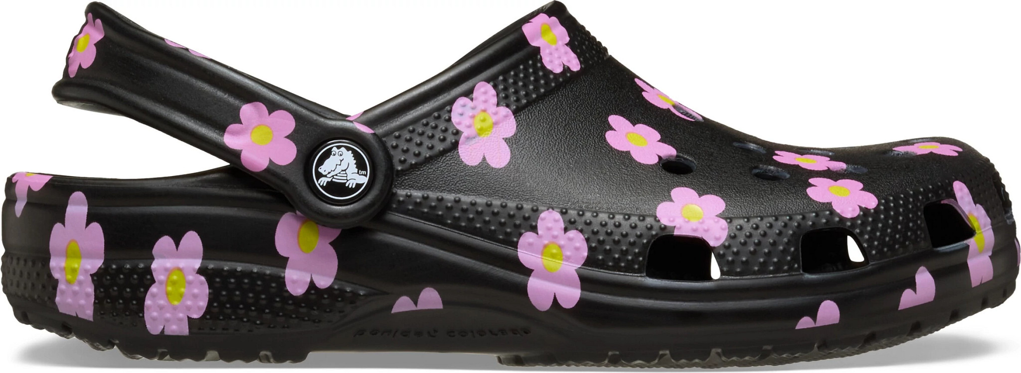 Women's Crocs Classic Graphic Clog Black/Pink Flowers shown in Black/Pink Flowers (Black)