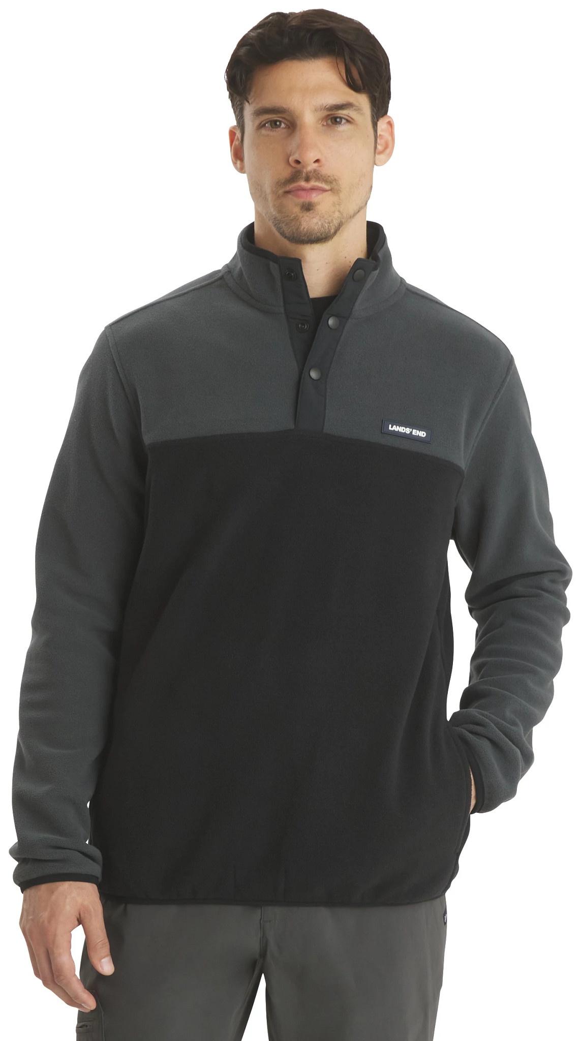 Men's Lands' End Color Block Micro Polar Fleece shown in Black (Black)