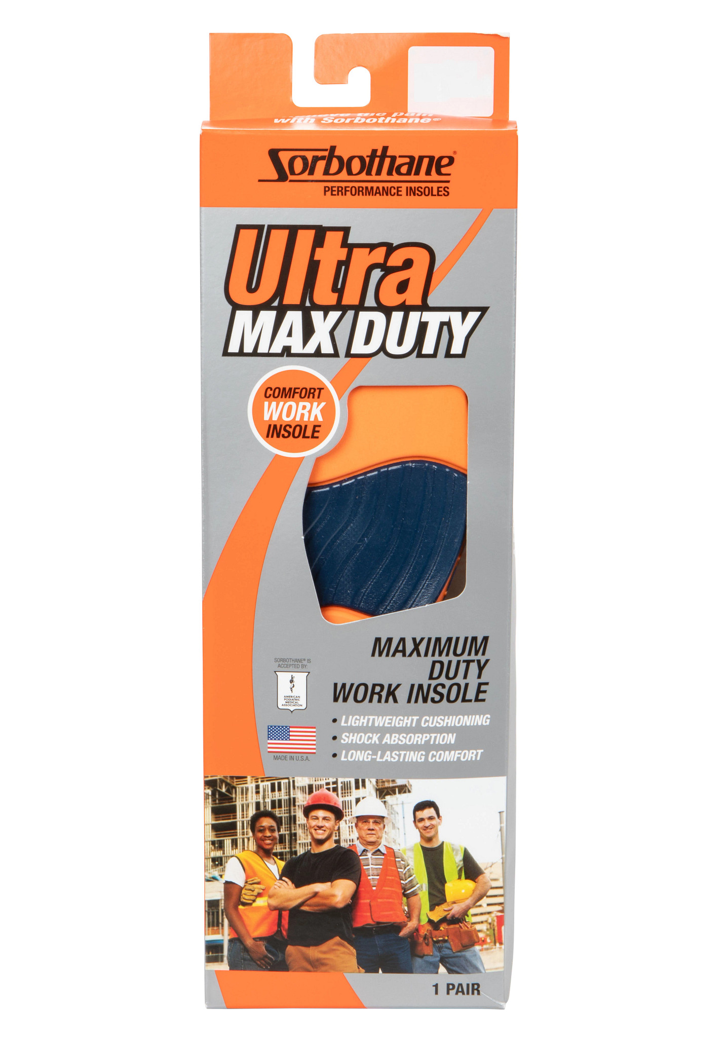 Men's Sorbothane Maximum Duty Work Insole M9.5/10.5 shown in Grey/Orange (Multicolor)