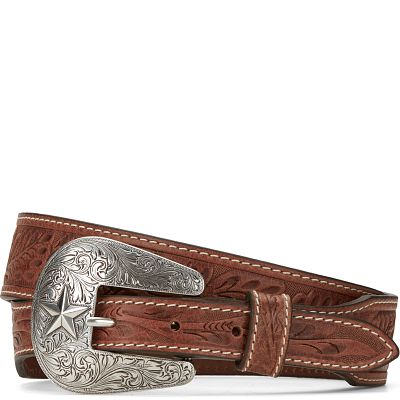 3D Belt 34 inch Brighton Basketweave Tooled The Bayfield 1 1/2 inch Mens Leather Tooled Tan, Men's, Beige