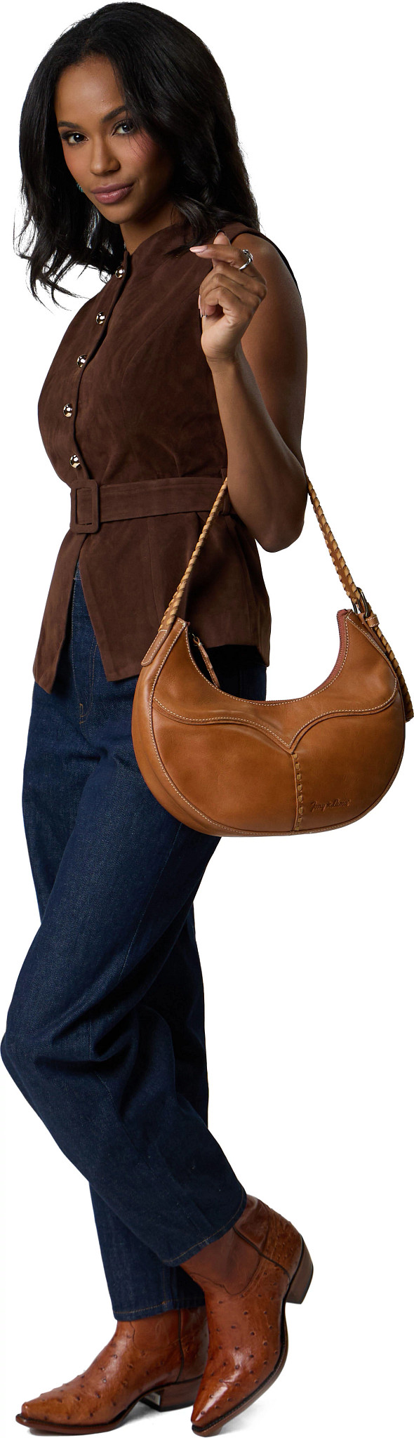 Tony Lama Half Moon Purse se muestra en el modelo