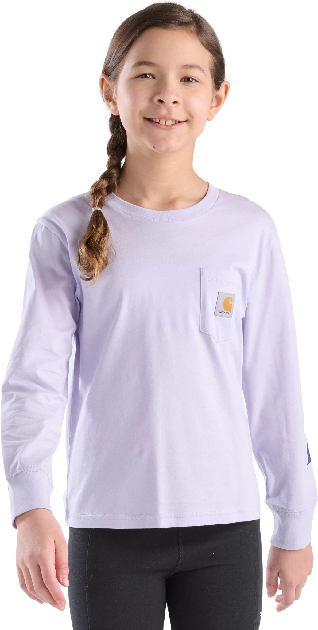 Girl's Carhartt Long Sleeve Pocket Logo T-Shirt shown in Mica (Purple)