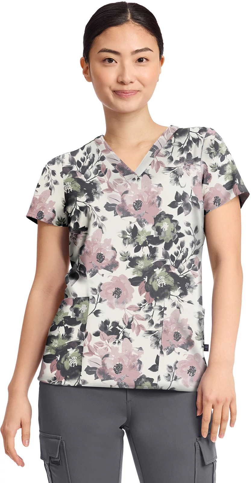 Women's Healing Hands Peaceful Posies V Neck shown in White/Multi (Prints)