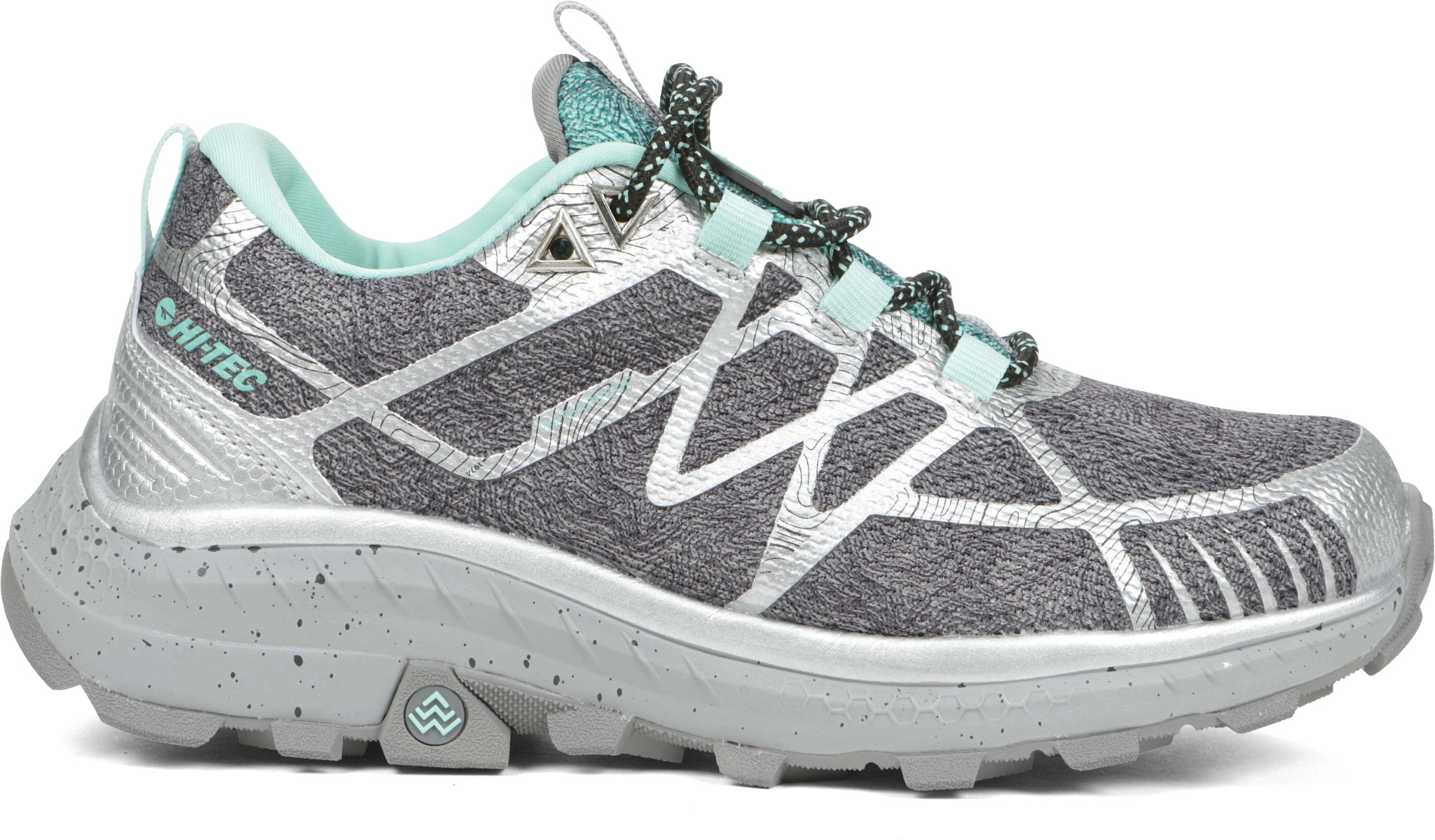 Women's Hi-Tec Aww Mauna Waterproof Hiker shown in Charcoal/Silver/Aqua (Grey)