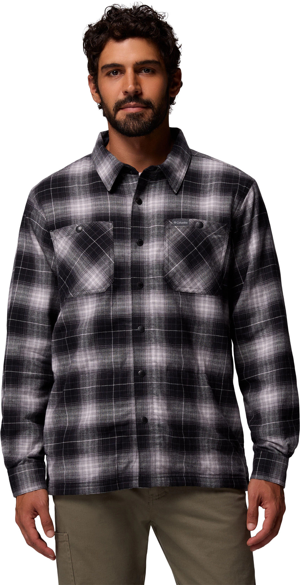 Men's Columbia Cornell Woods Fleece Lined Shirt Jac shown in Black/Lumberjack Plaid (Black)