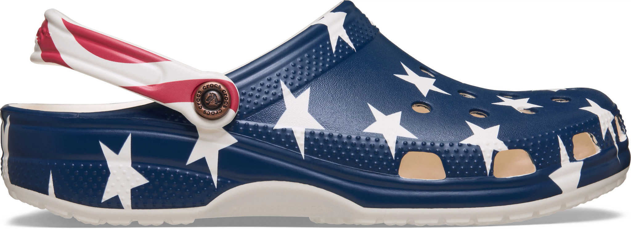 Women's Crocs Classic American Flag Clog shown in Red/Navy/White (Multicolor)