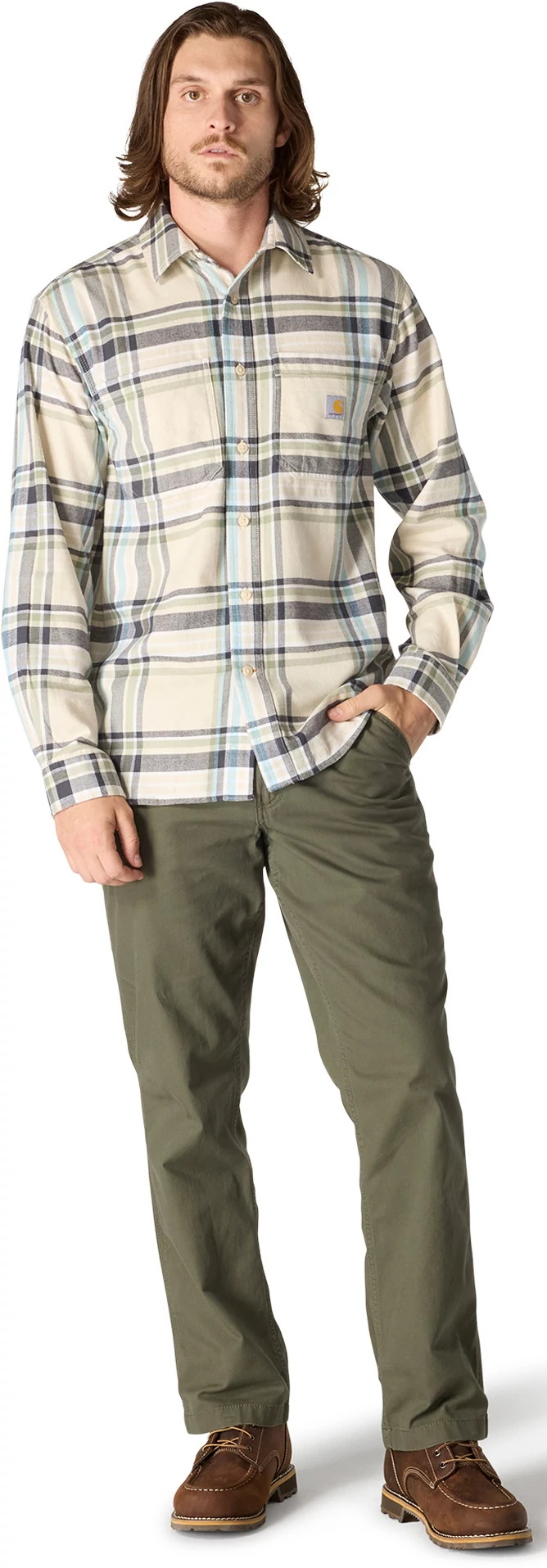 Men's Carhartt Rugged Flex Midweight Flannel Plaid Shirt shown on model 