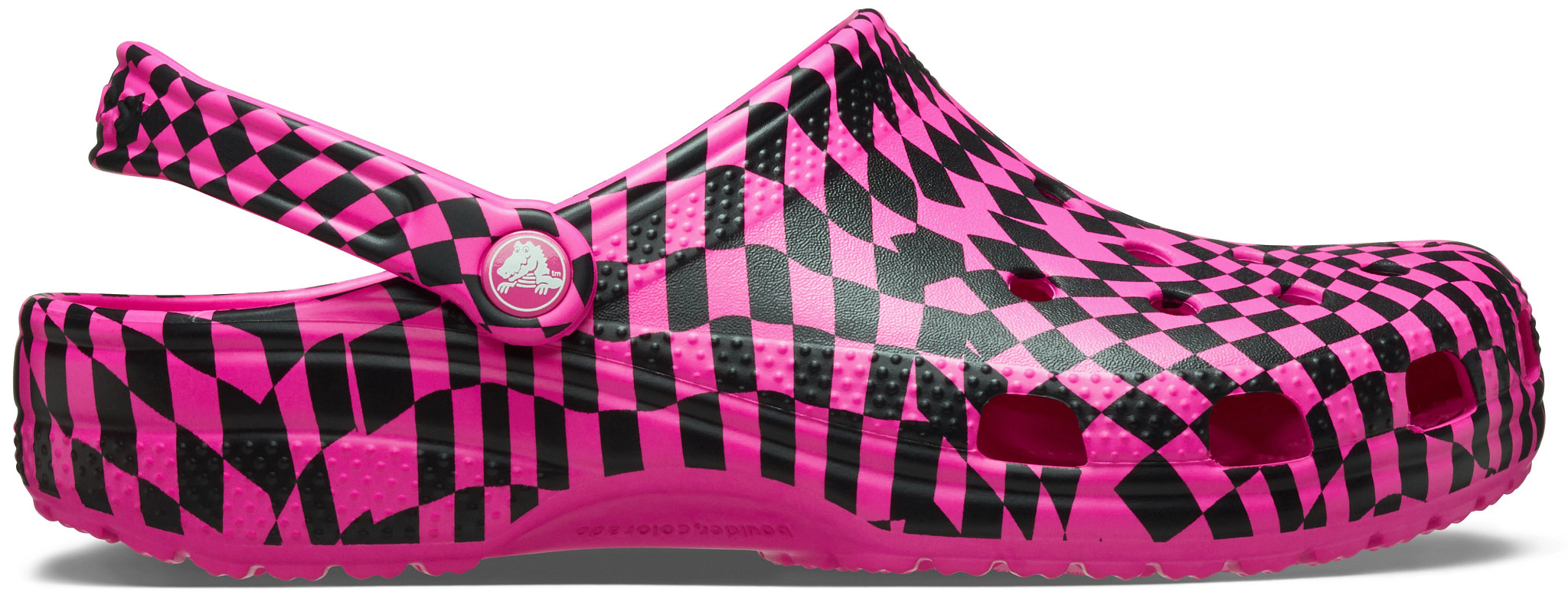 Women's Crocs Classic Warped Checker Clog shown in Pink Crush/Black (Pink)
