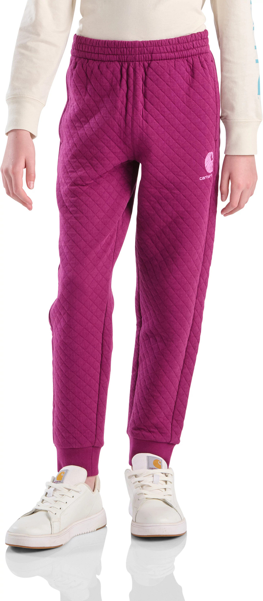 Youth Girl's Carhartt Quilted Jersey Logo Sweatpants shown in Plum Caspia (Pink)