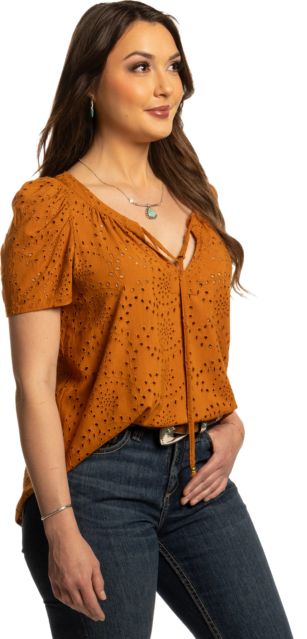 Justin Eyelet Peasant Top shown in Brown (Orange)
