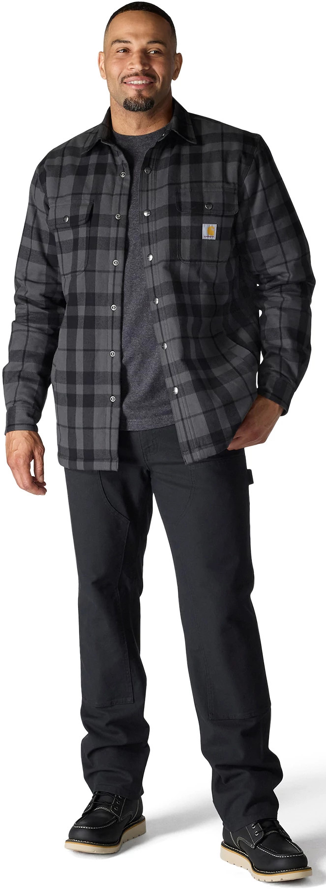 Men's Carhartt Relaxed Fit Flannel Sherpa Lined Shirt Jac shown on model 