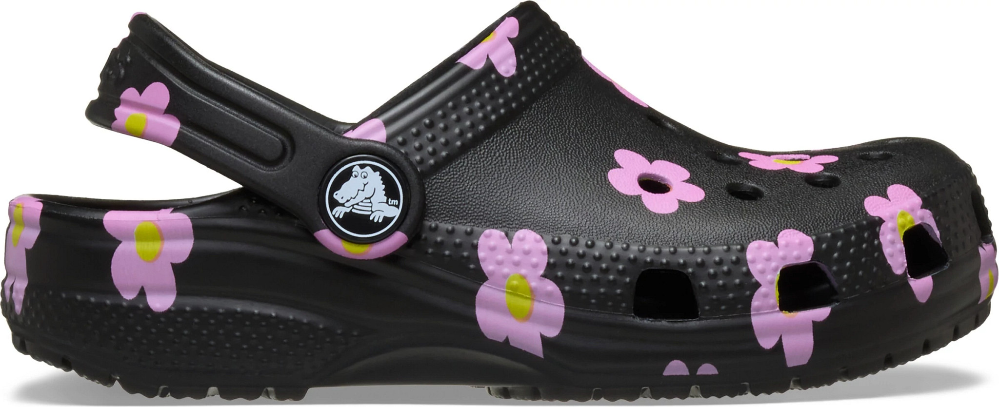 Toddler Girl's Crocs Classic Graphic Clog Black Floral shown in Black Floral (Black)