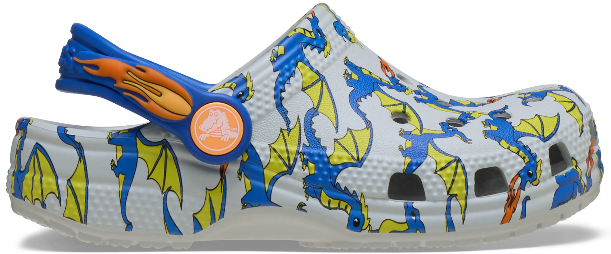 Toddler Boy's Crocs Classic Dragon Graphic Clog shown in Atmosphere (Multicolor)