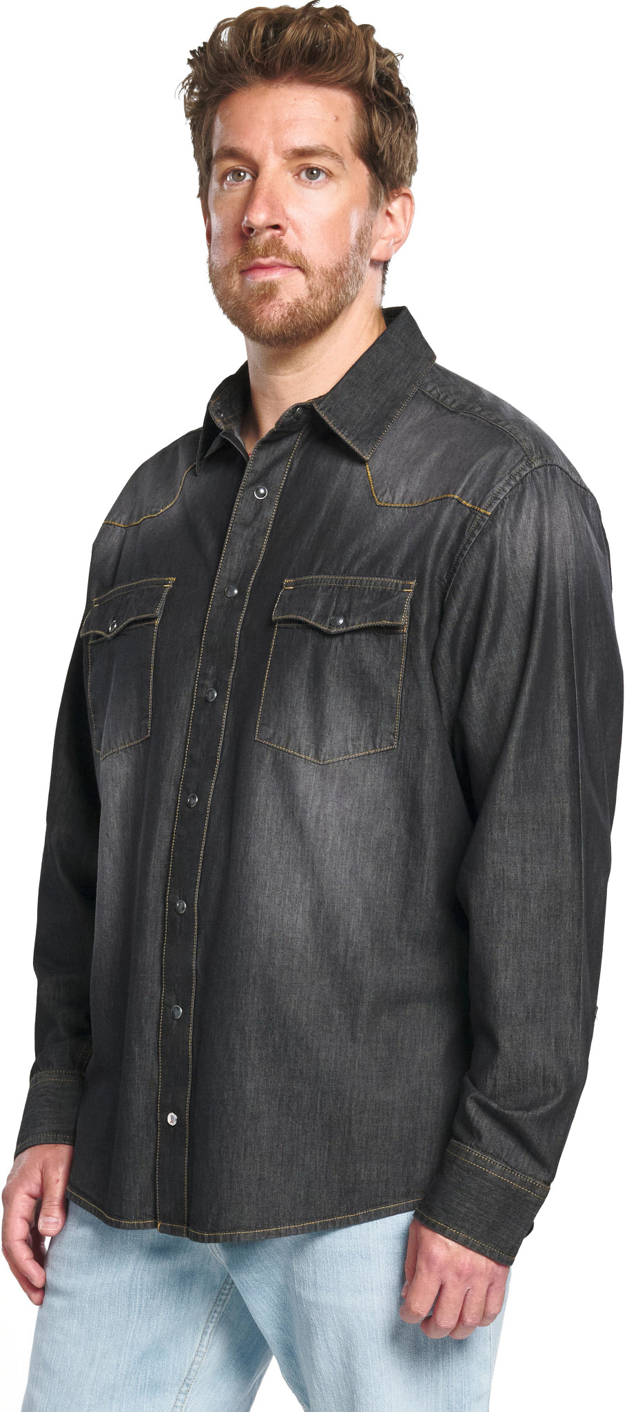 Chambray Long Sleeve Snap Front shown in Black Wash (Black)