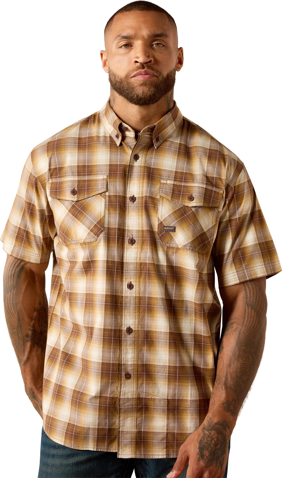 Men's Ariat Made Tough Durastretch Short Sleeve shown in Plaid Wood Thrush (Brown)