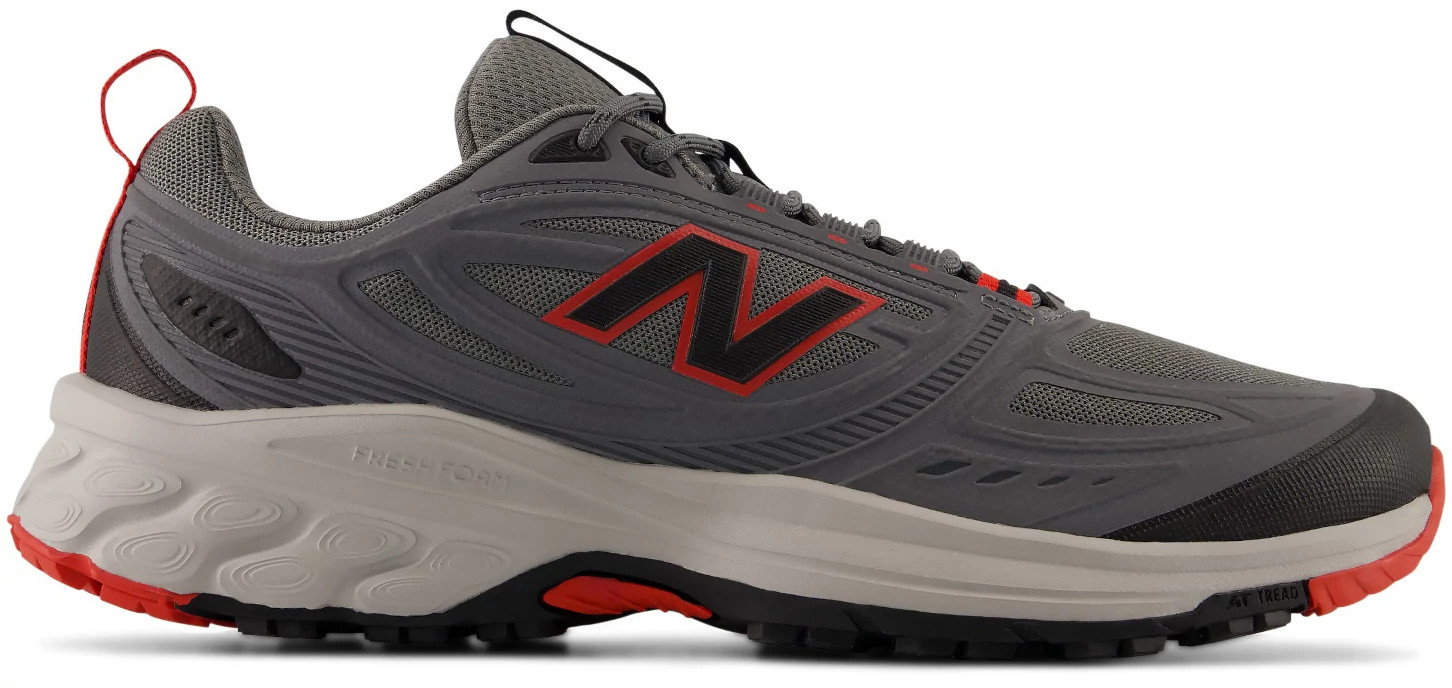 Men's New Balance 410v9 Trail Runner Grey/Red shown in Grey/Red (Grey)