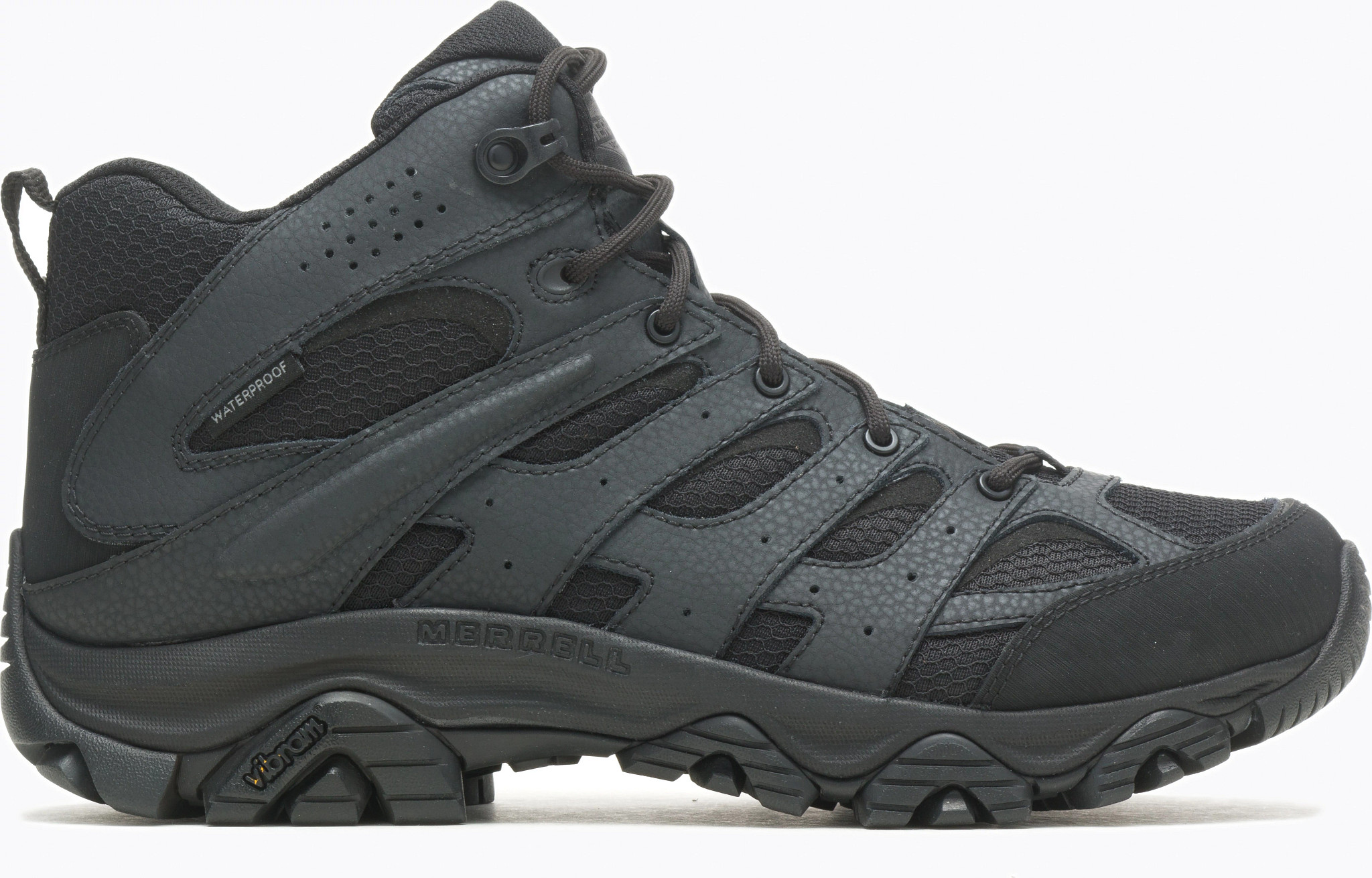 Men's Merrell Work Moab 3 Waterproof Mid Tactical Boot Black shown in Black (Black)