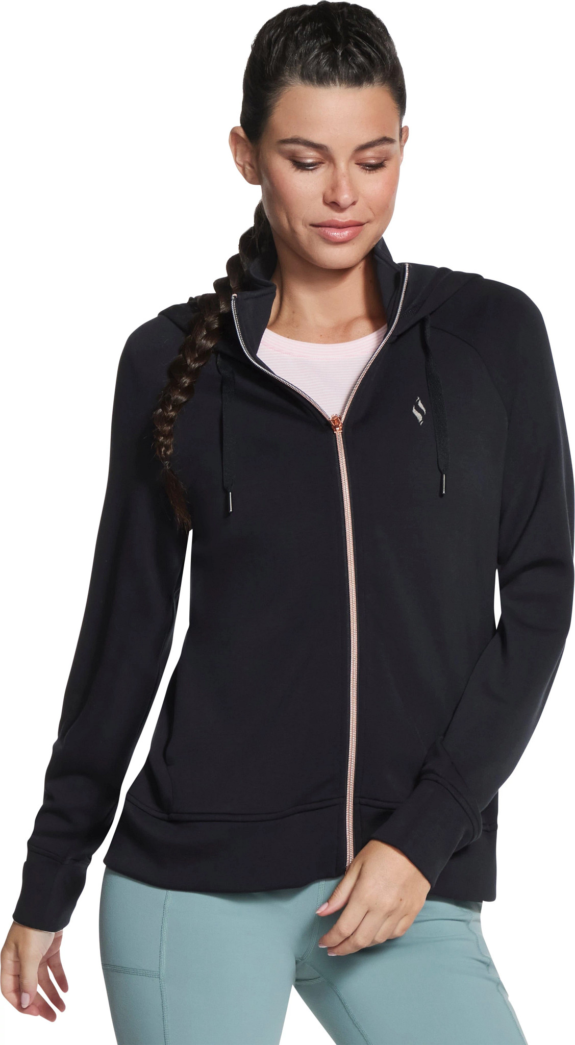 Women's Skechers Skechluxe Elevate Full Zip Hooded shown in Black (Black)