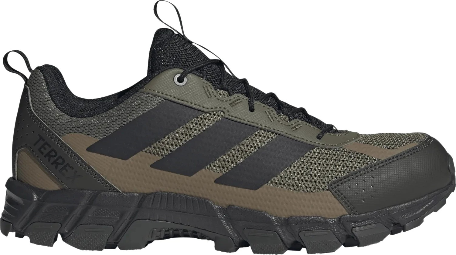 Men's Adidas Rockadia Trail Runner shown in Olive Khaki (Green)