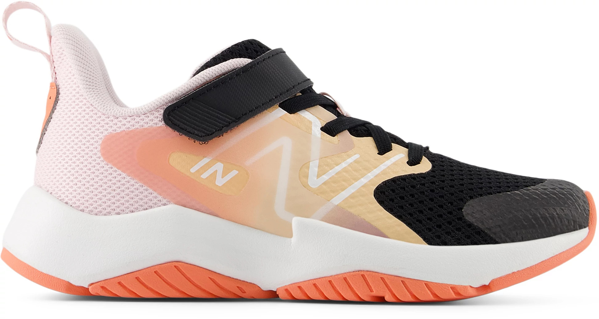 Girl's New Balance Rave Run Runner shown in Black/Rose/Sugar/Flare (Multicolor)