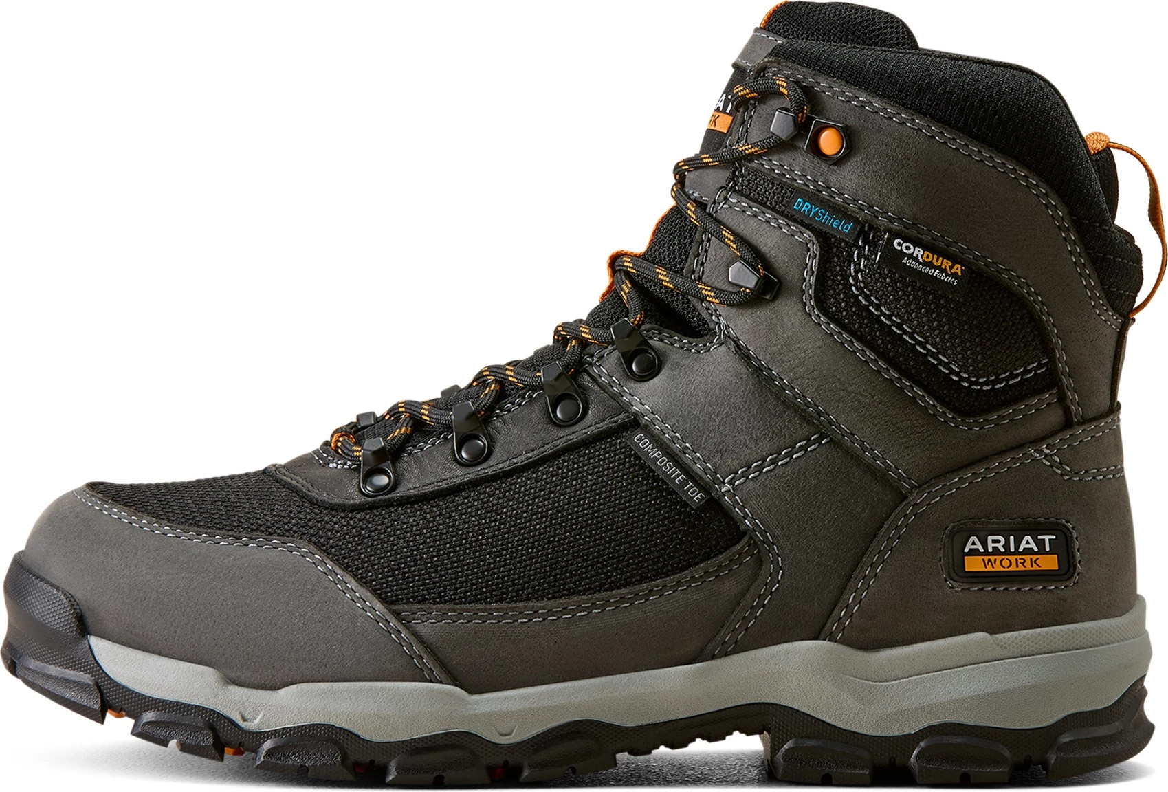 Men's Ariat 6 Inch Waterproof Composite Toe Stryker Neo Hiker shown in Gray Black (Grey)