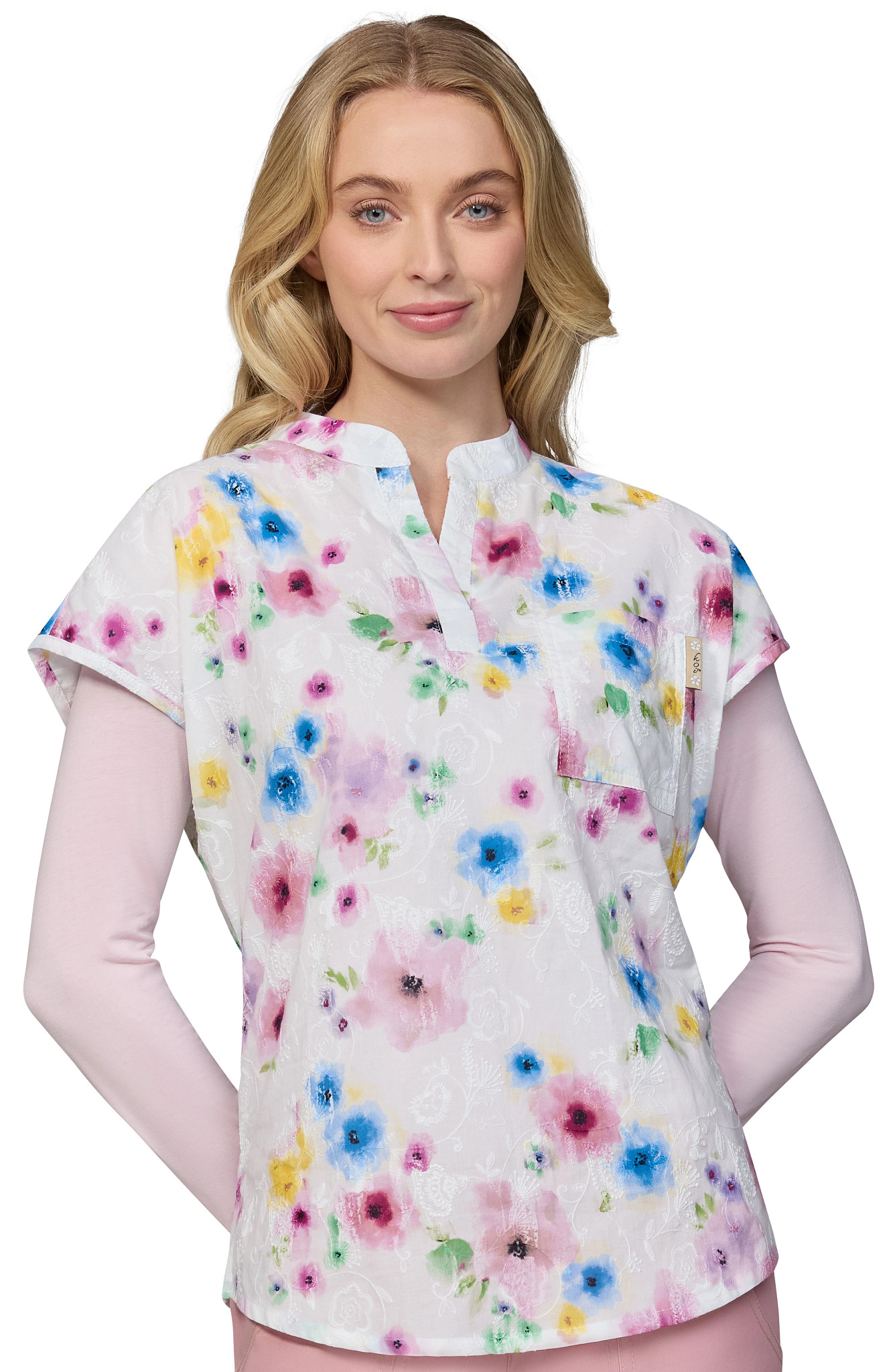 Women's Koi Ari Big Blooms Embroidery V Neck shown in White/Multi (White)
