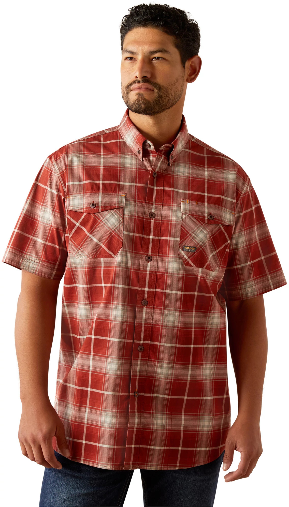 Men's Ariat Made Tough Durastretch Work Shirt shown in Plaid Chili Oil (Red)