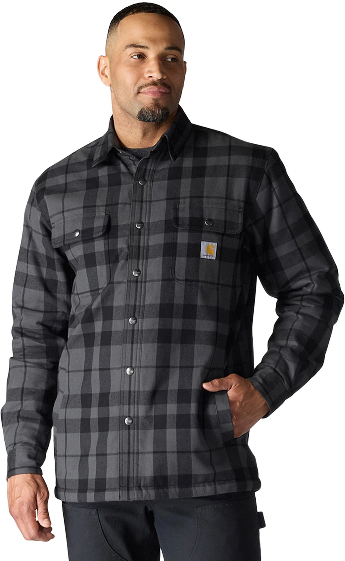 Men's Carhartt Relaxed Fit Flannel Sherpa Lined Shirt Jac shown in Shadow (Grey)