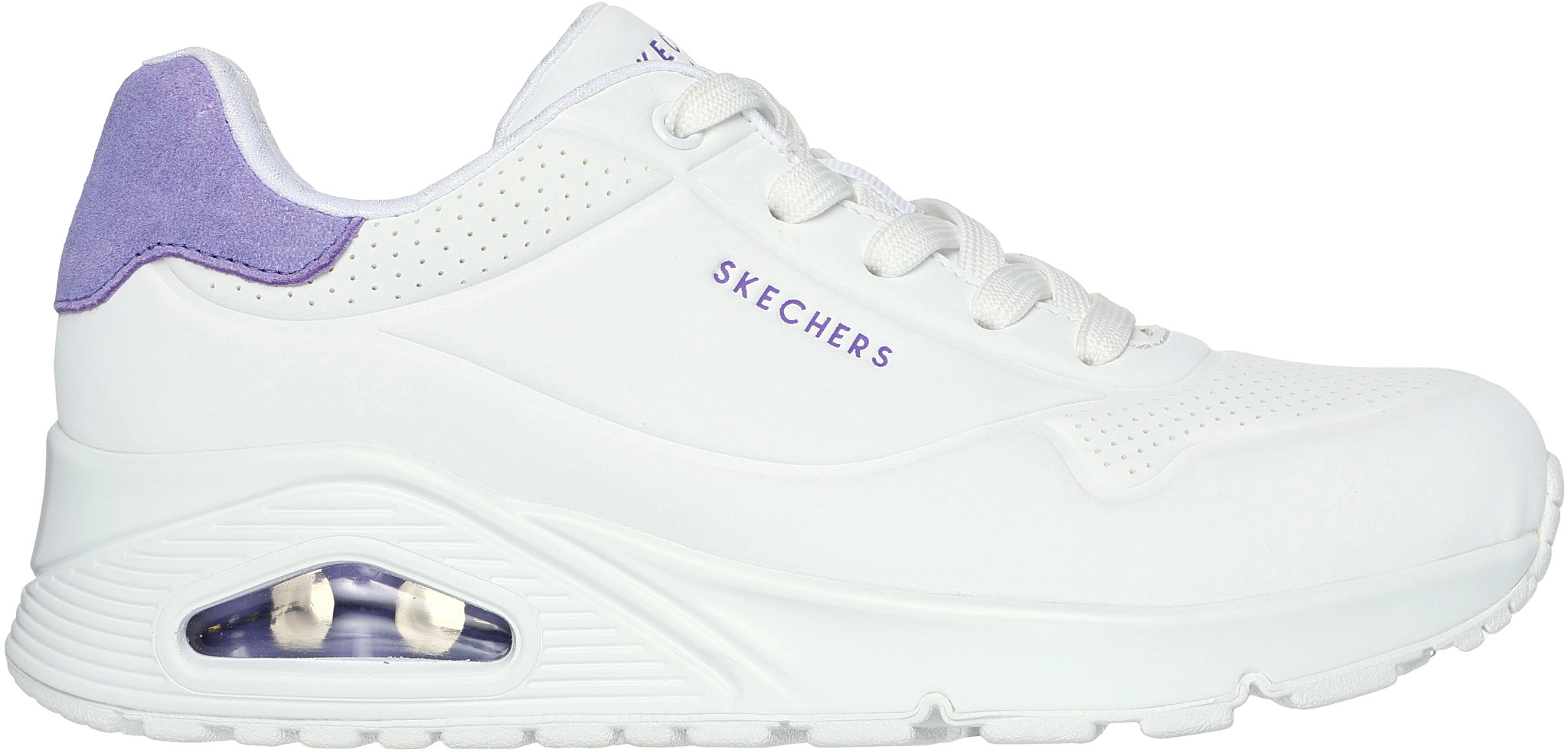 Women's Skechers Uno Pop shown in White/Purple (White)
