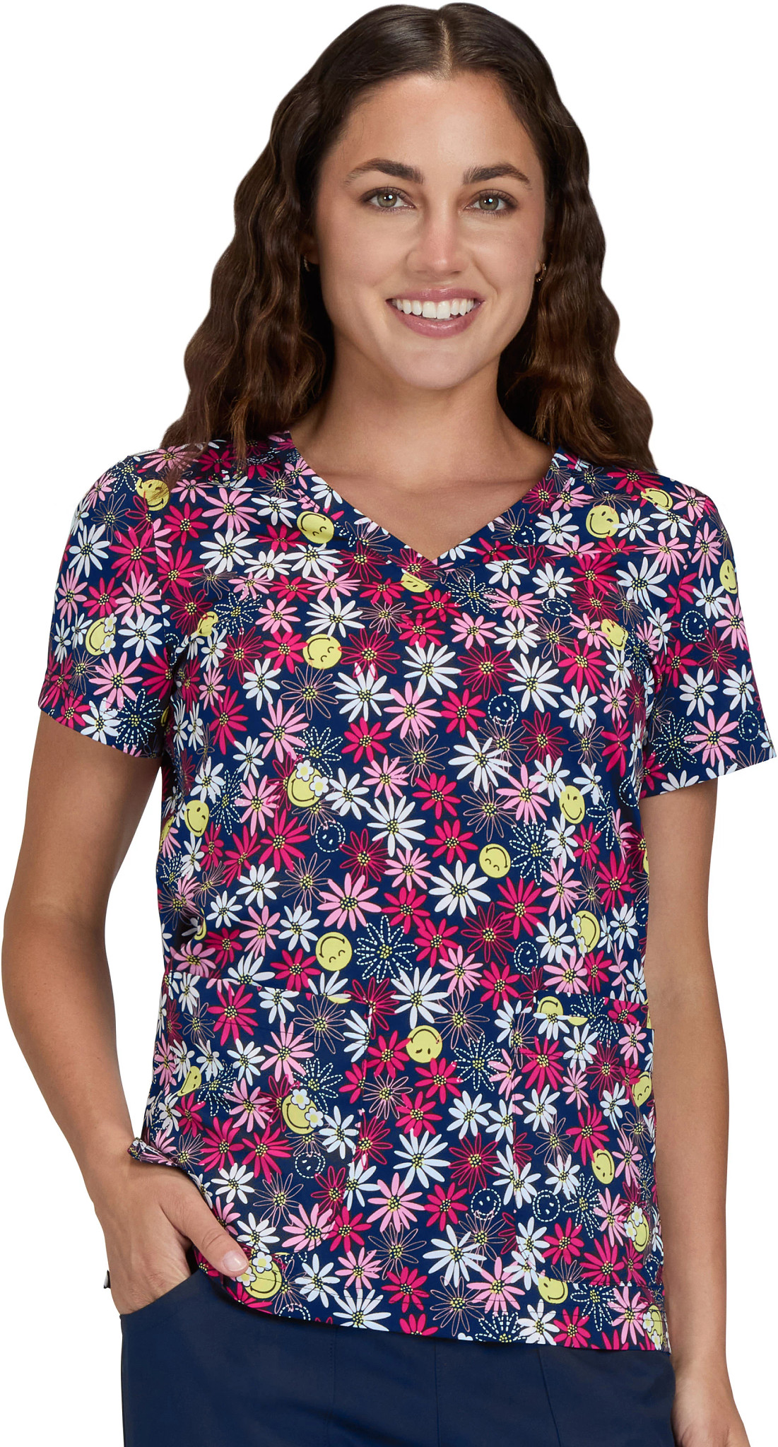 Women's Koi Smile World Smile Daisy V Neck shown in Navy/Pink (Prints)