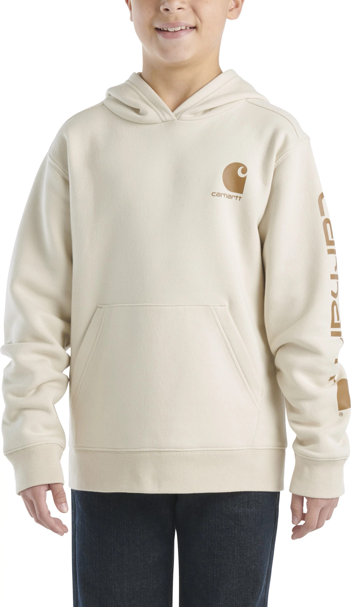 Boy's Carhartt Long Sleeve Logo Graphic Hoodie shown in Turtledove (Off White)