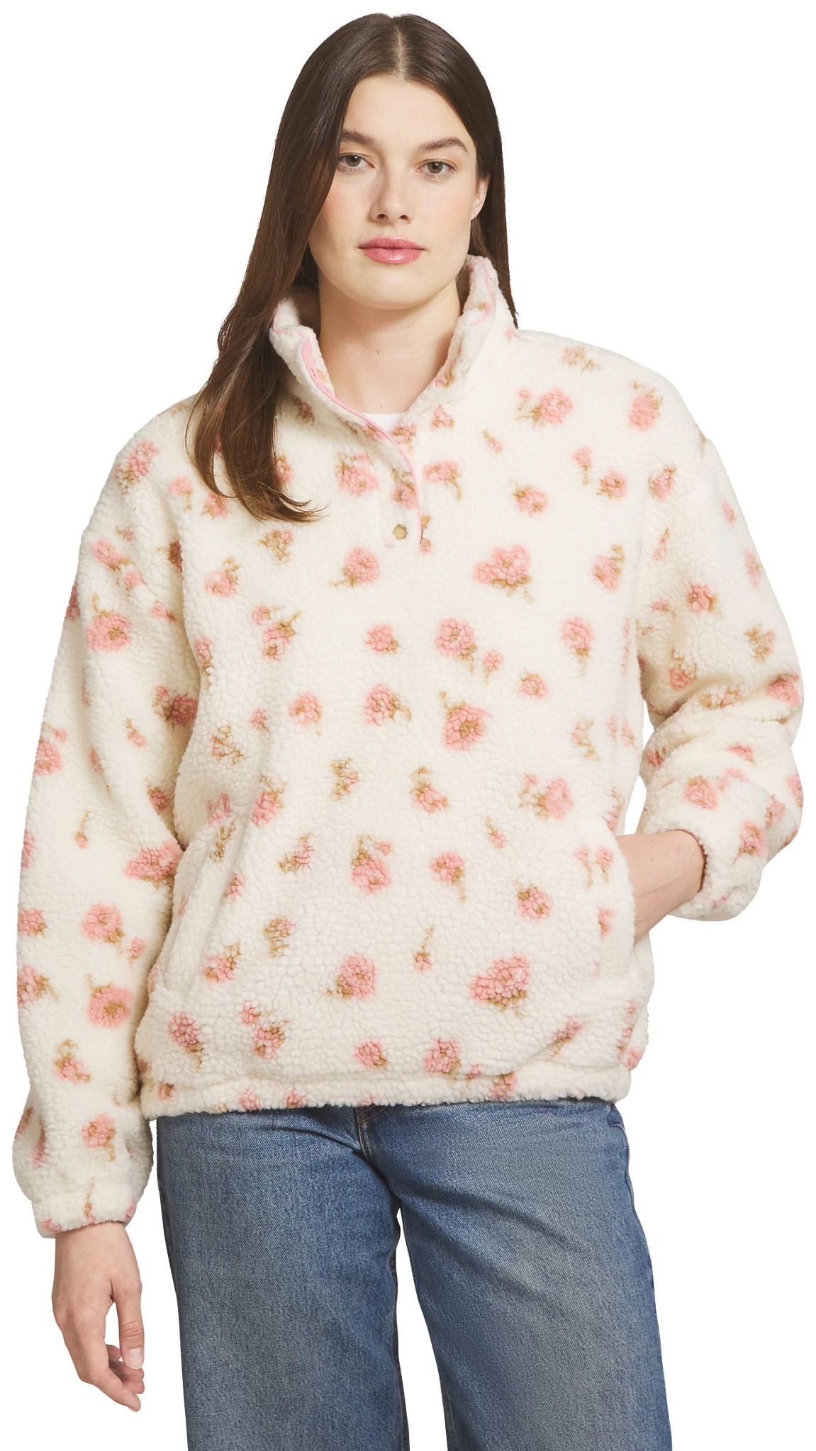 Women's Lands' End Printed Sherpa Pullover shown in Floral Pink (Floral)
