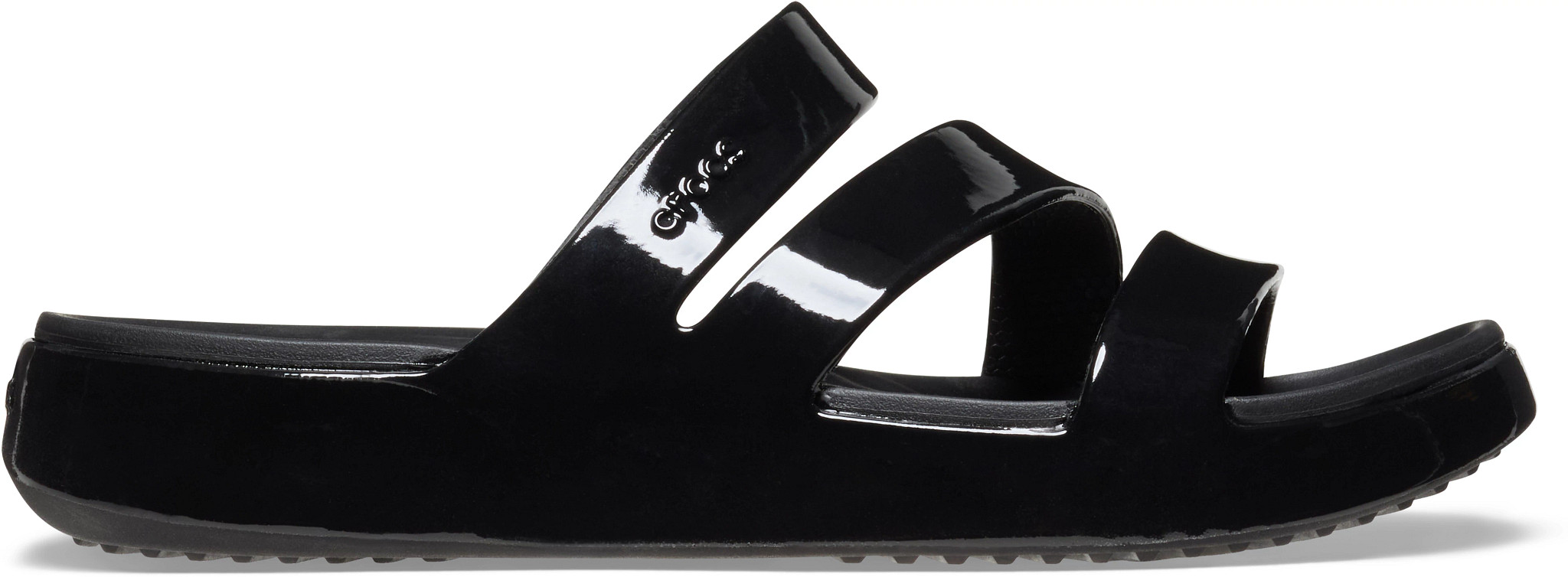 Women's Crocs Getaway Patent Strappy Slide shown in Black (Black)
