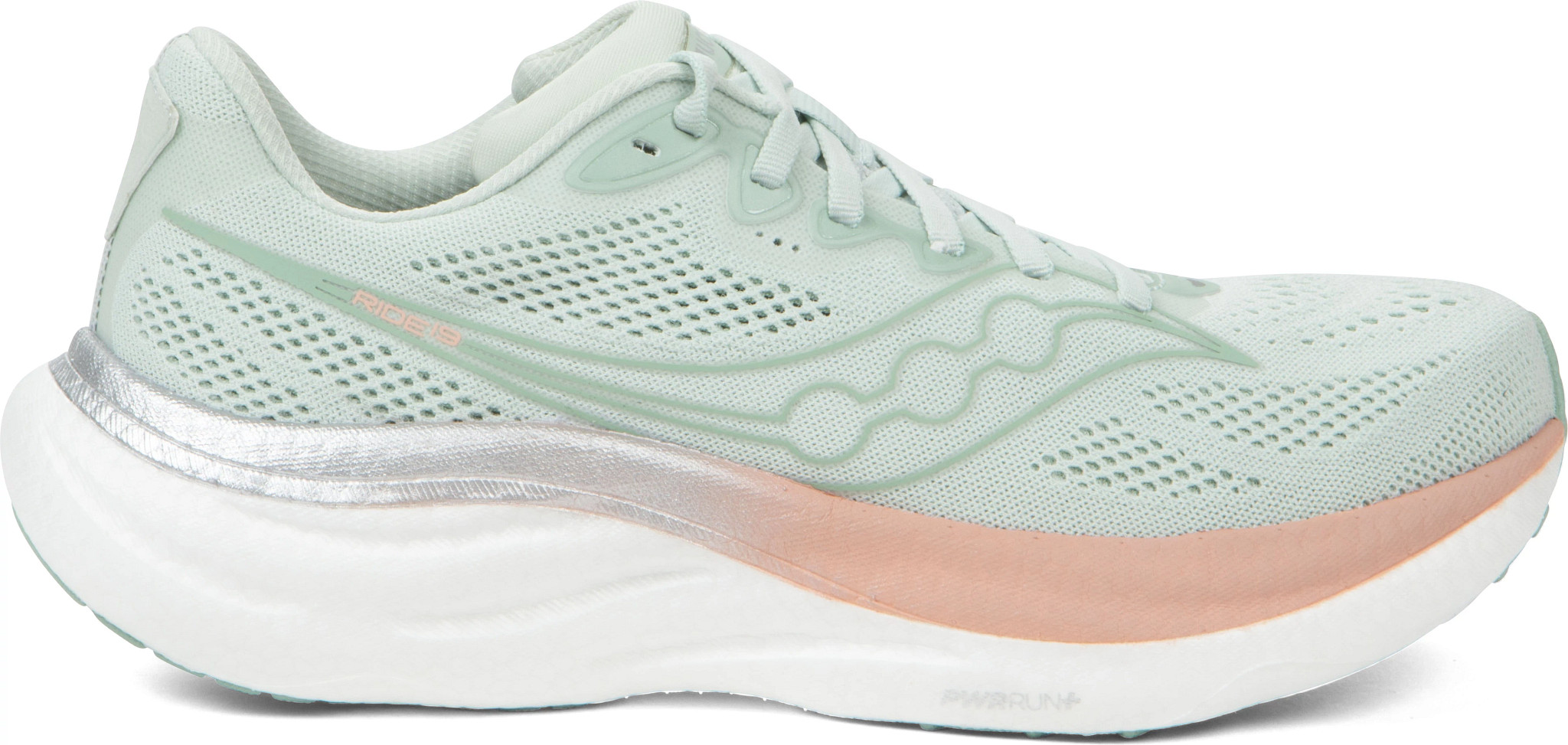 Women's Saucony Ride 19 Runner shown in Mist/Cameo (Green)