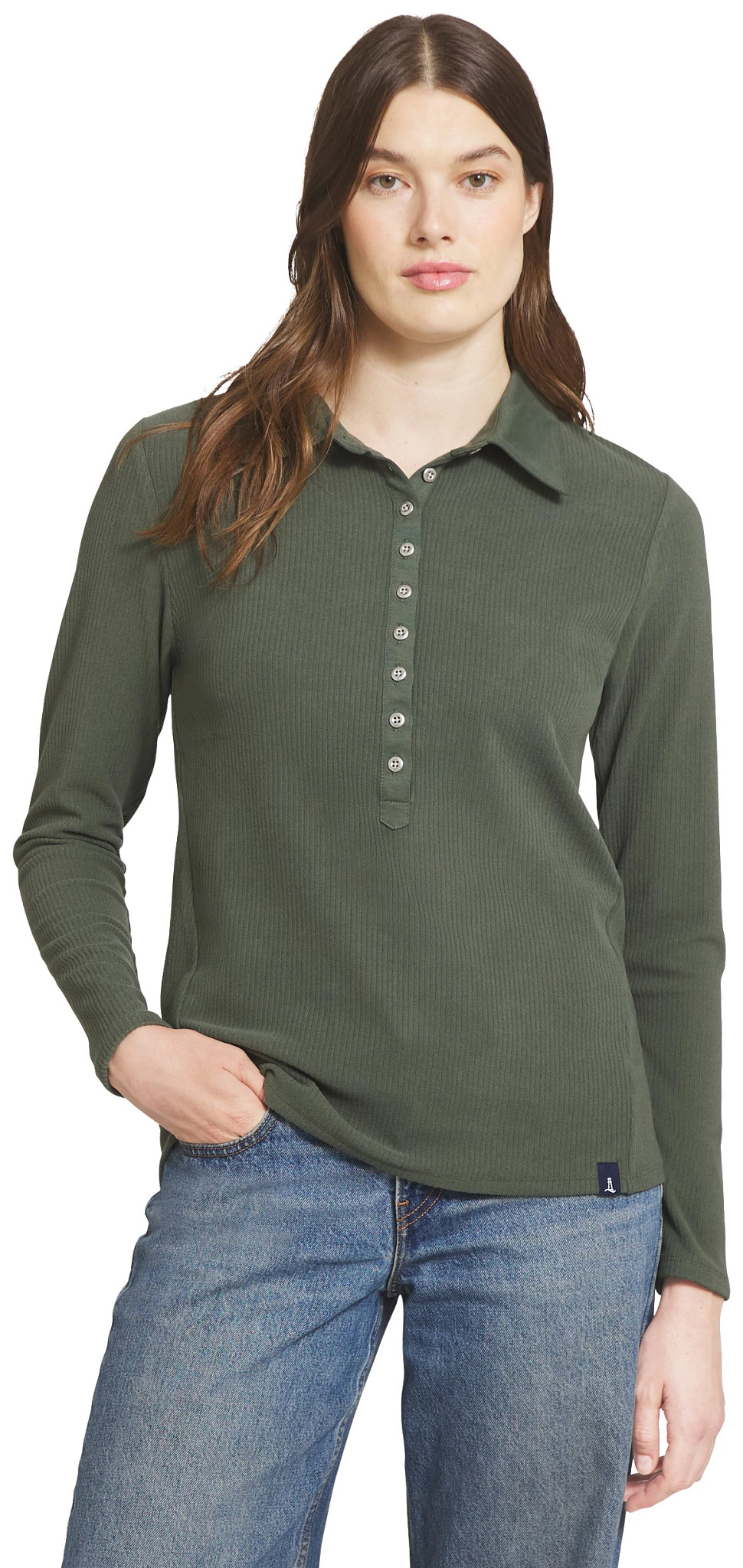 Women's Lands' End Long Sleeve Collared Rib Henley shown in Thyme (Green)