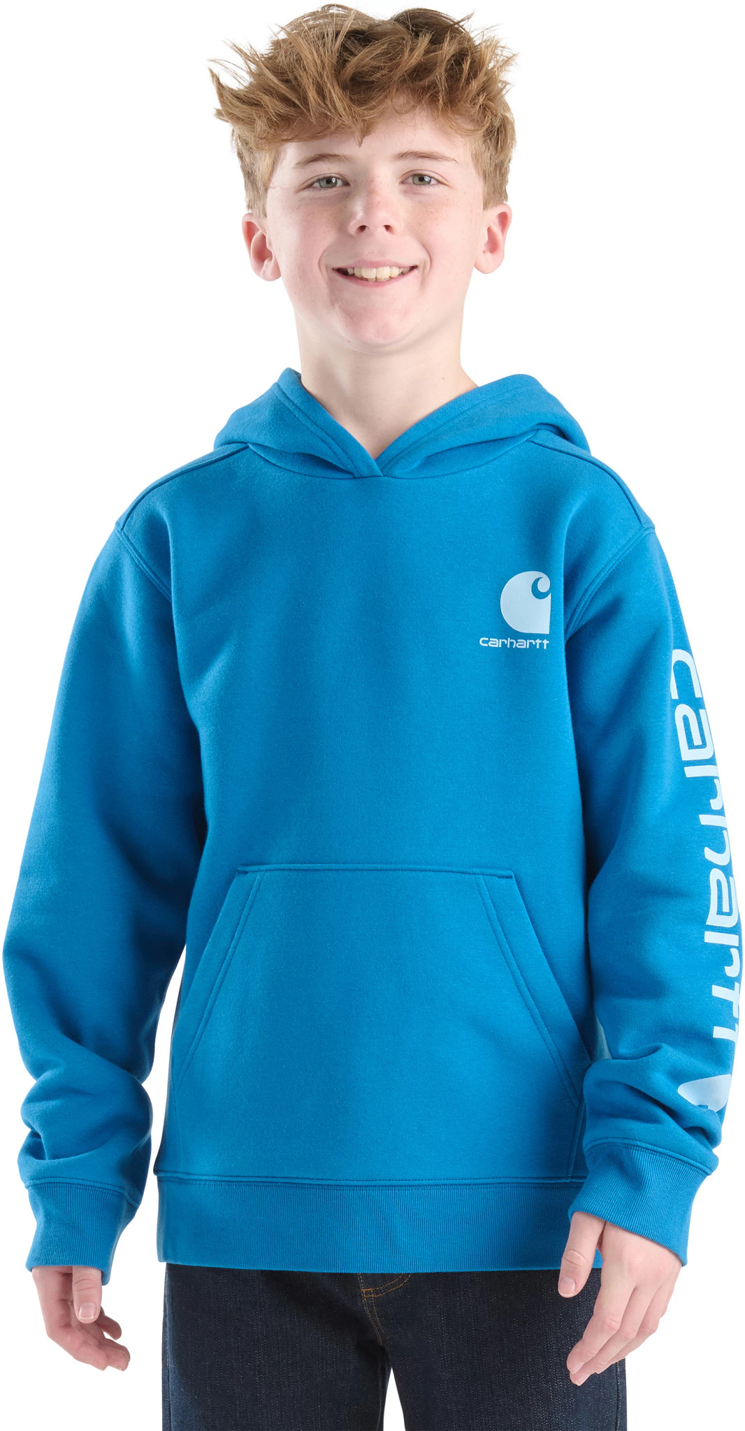 Youth Boy's Carhartt Long Sleeve Logo Hoodie shown in Deep Water (Blue)