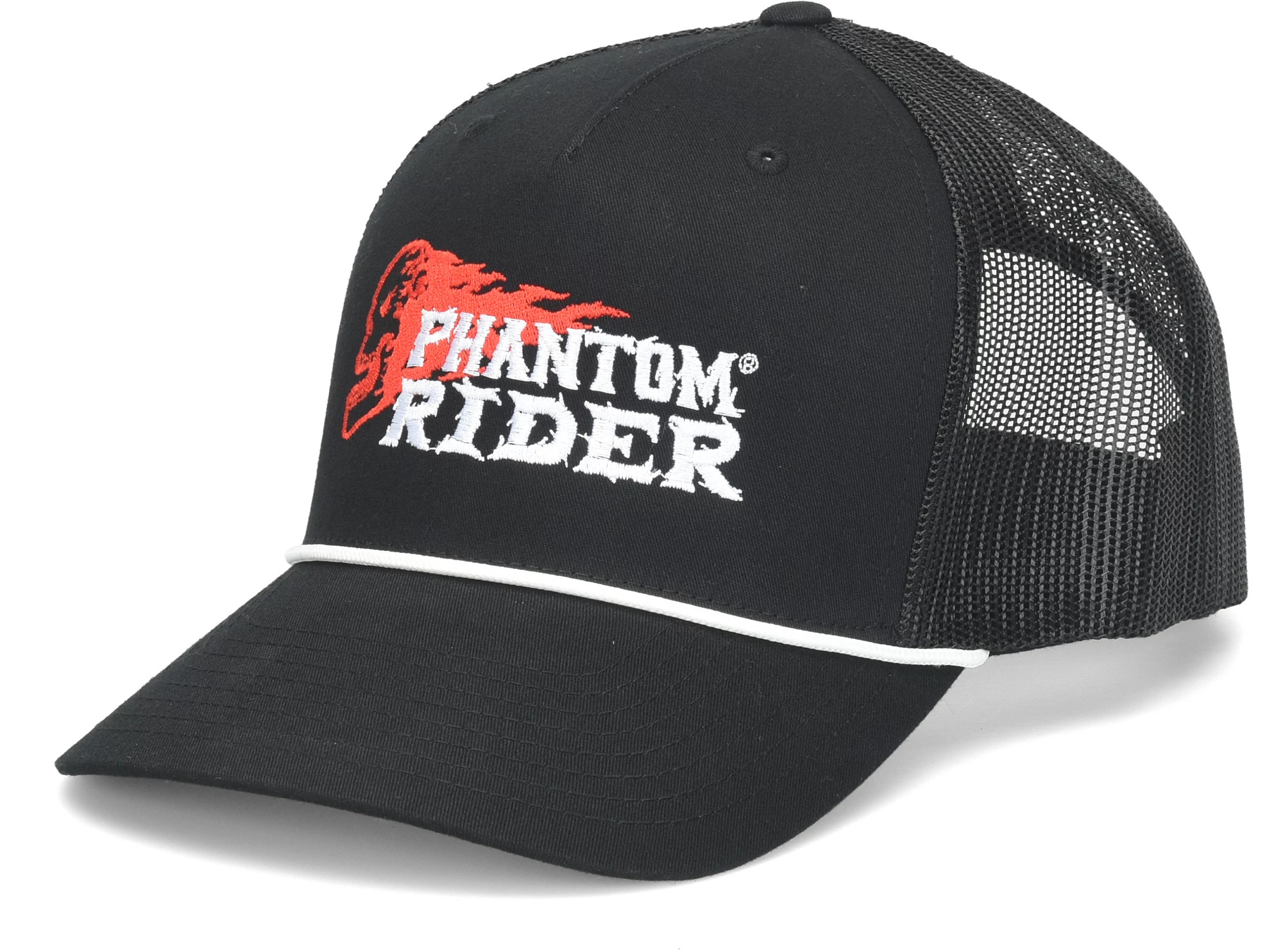 Phantom Rider Flaming Skull Trucker Hat shown in Black (Black)