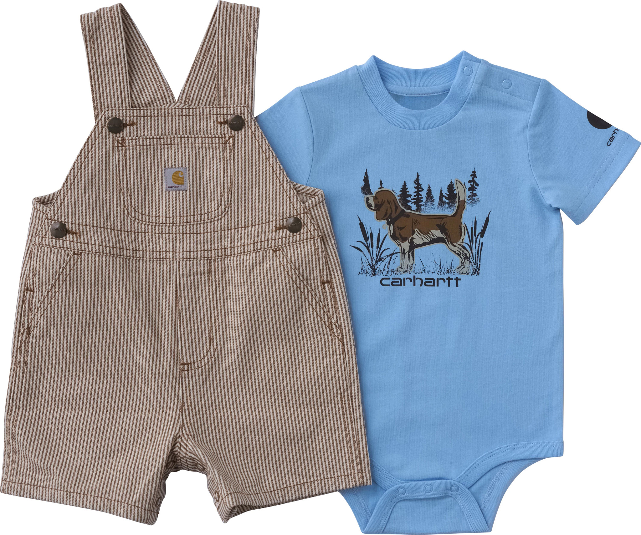 Infant's Boy Carhartt Short Sleeve Onesie & Brown Stripe Shortall Set shown in Brown/Blue (Brown)