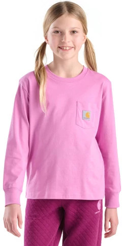 Girl's Carhartt Long Sleeve Pocket Logo T-Shirt shown in Crocus (Pink)