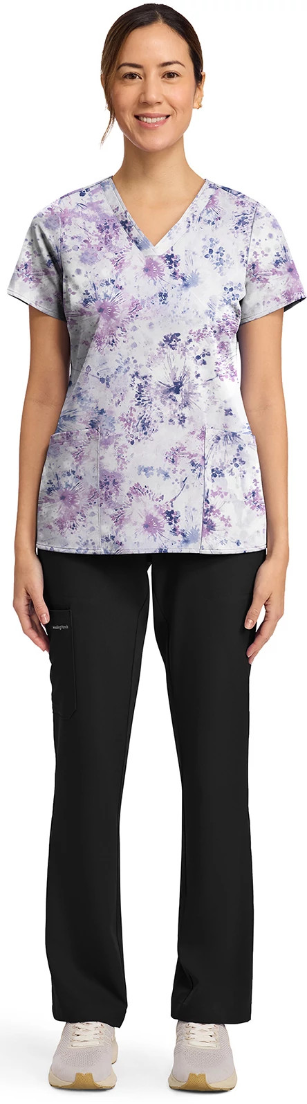 Women's Healing Hands Dandelion Burst V Neck shown on model 