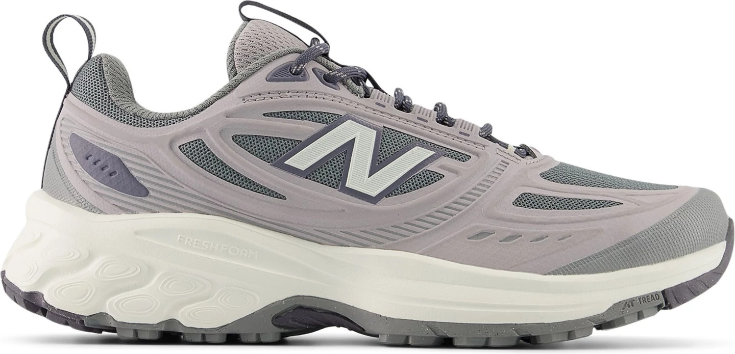 Women's New Balance 410v9 Trail Runner shown in Slate Grey/Truffle Salt (Grey)